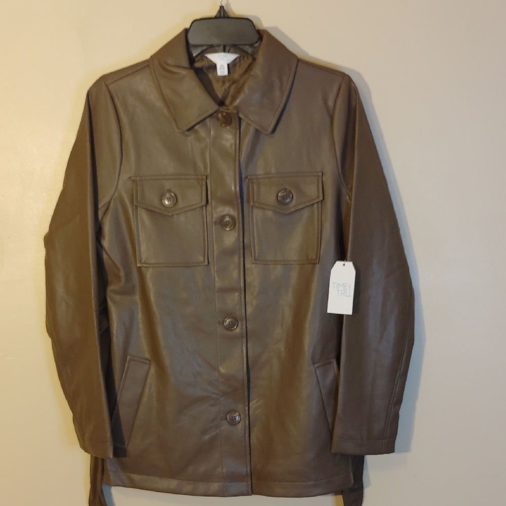 Time and Tru Brown Leather Jacket with Belt and Collar - Picture 6 of 6
